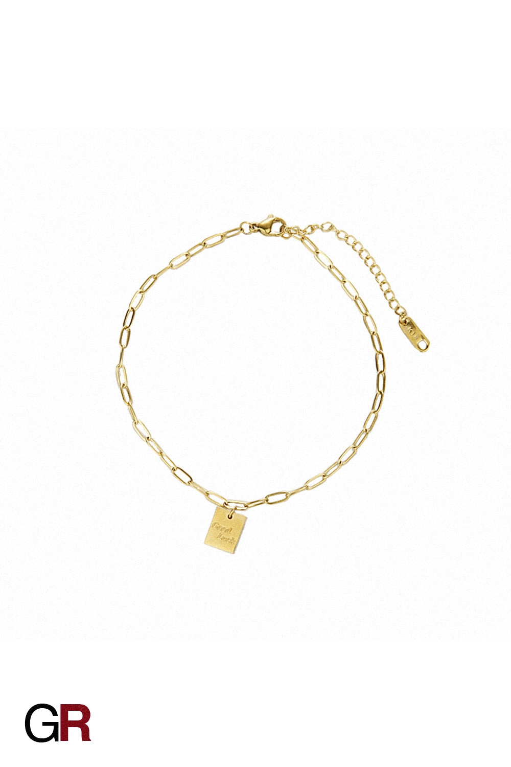 “GlamoROZ Chance Dorée Luminous Gold Charm Anklet Jewelry flat-lay on soft beige fabric background”