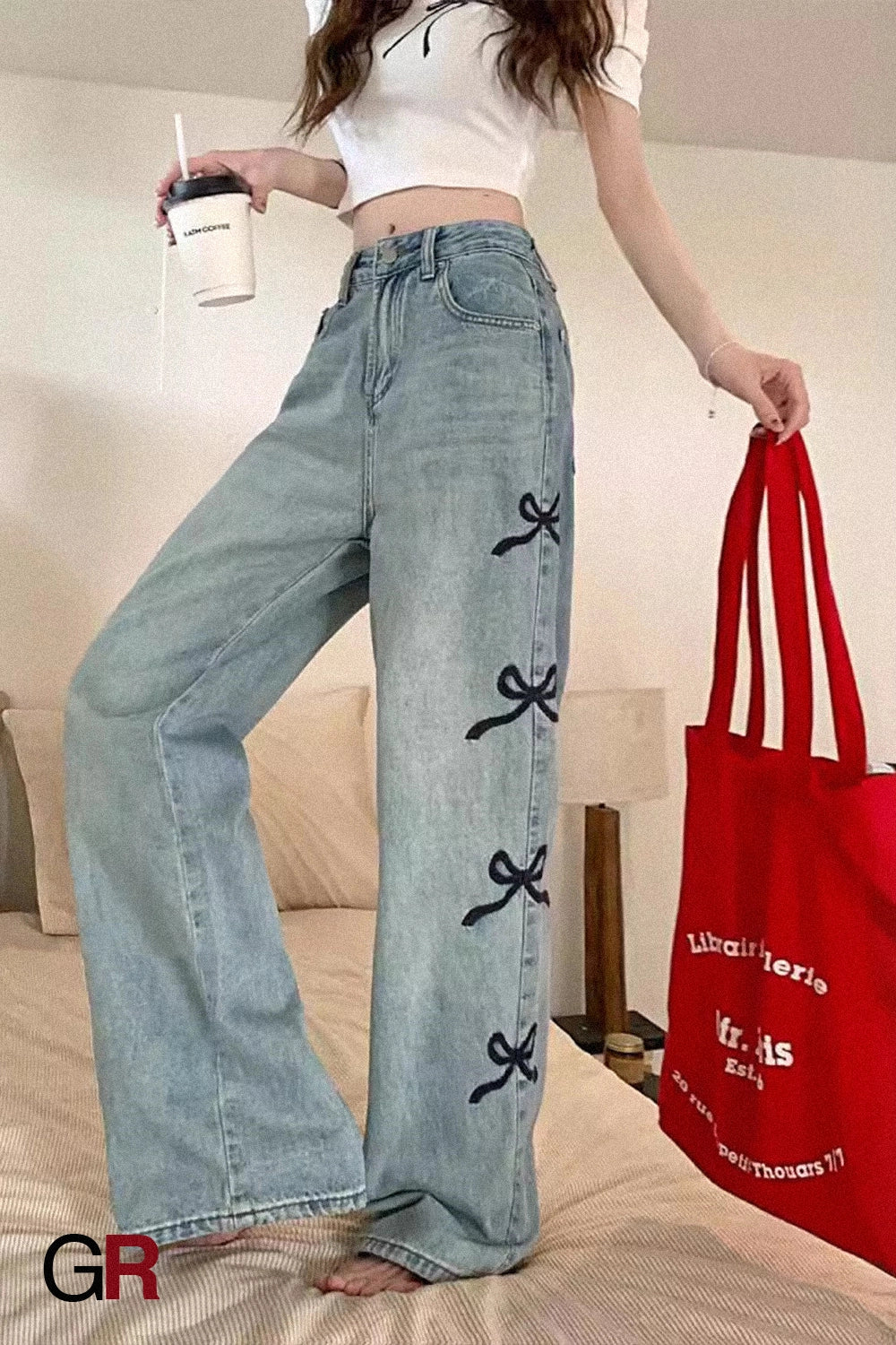 Coquette Bows Wide-Leg Denim Trouser