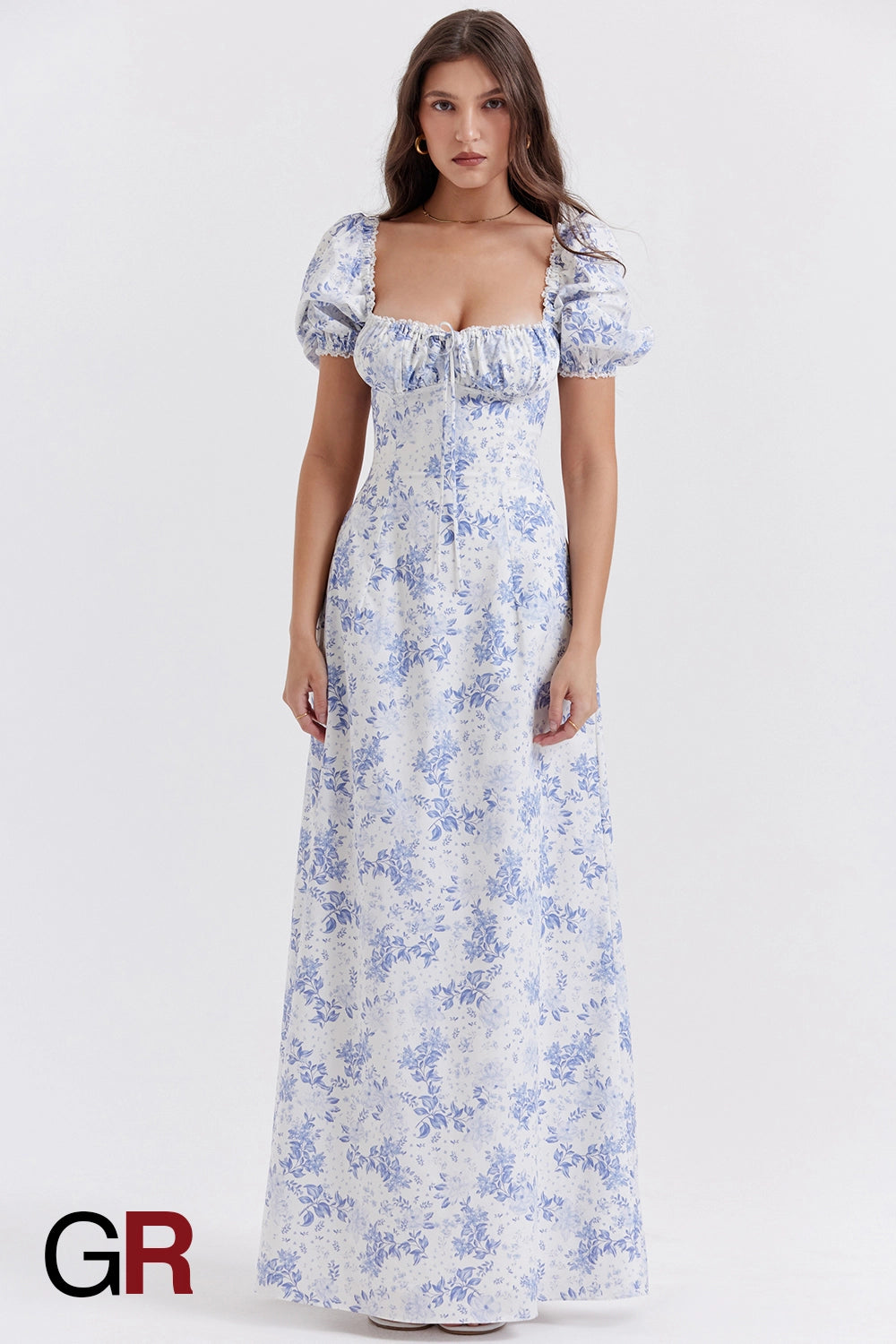 Printed Bubble Sleeve Zipper Blue Dress - GlamoROZ