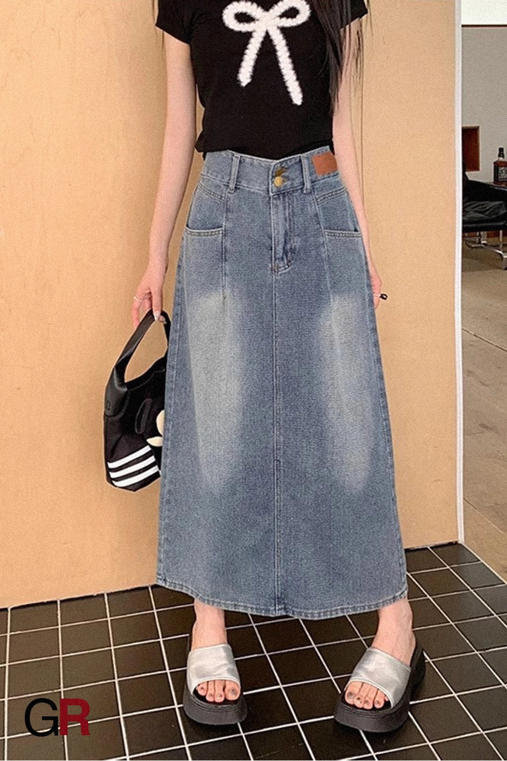 Patch-Pocket Denim Column Skirt
