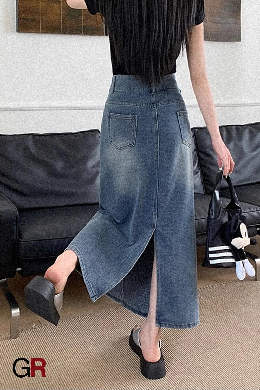 Patch-Pocket Denim Column Skirt