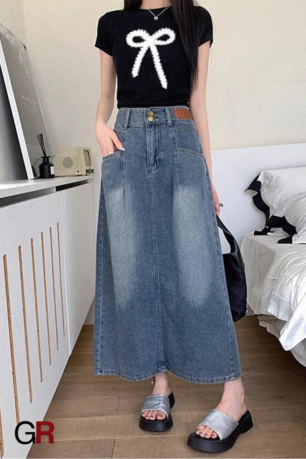Patch-Pocket Denim Column Skirt