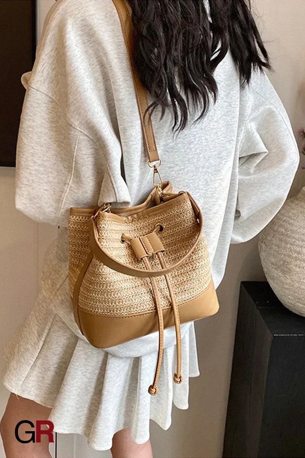 Woven Straw Women's Crossbody Portable Bucket Bag