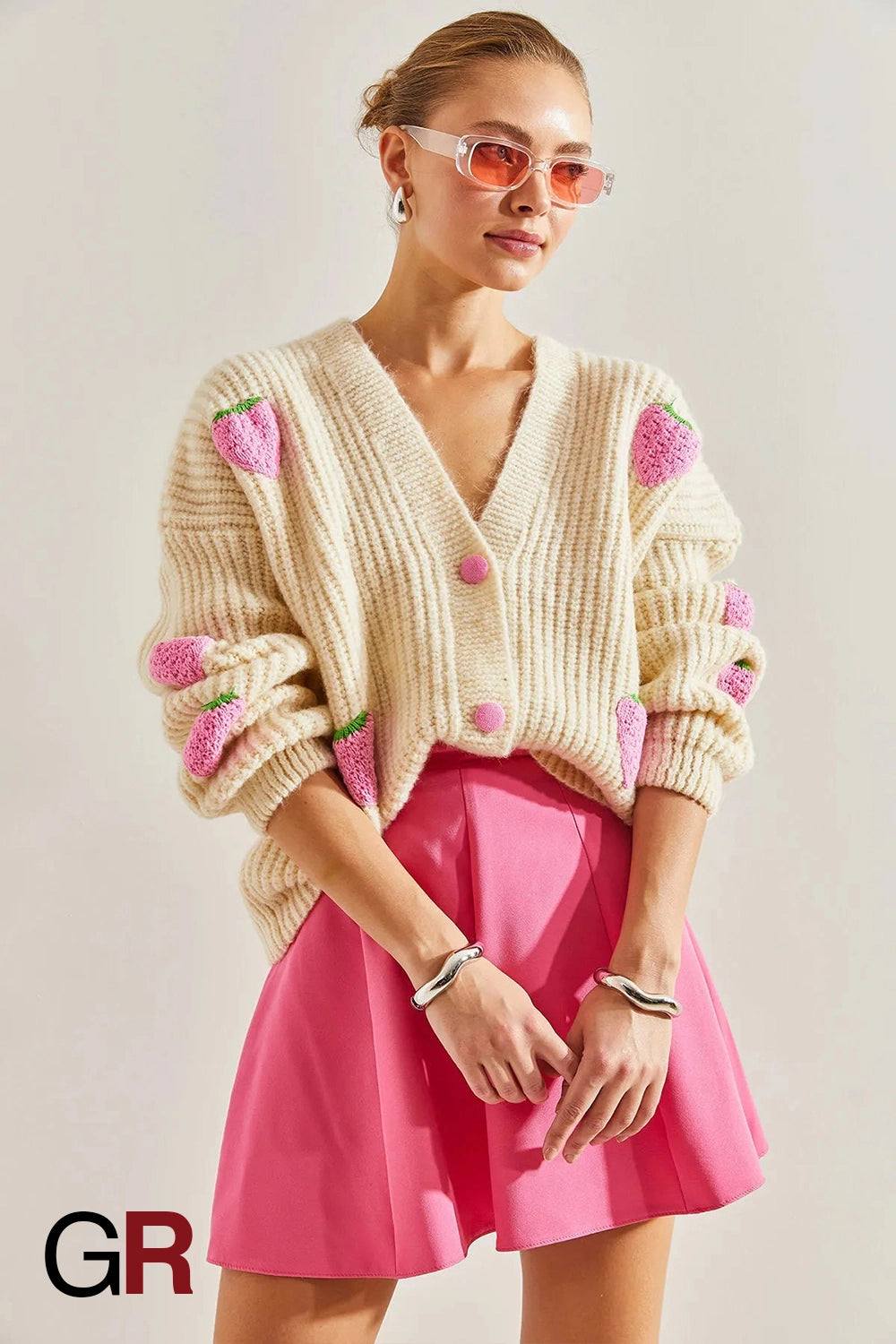 Elegant V-neck Beige Decorative Cardigan Sweater - GlamoROZ