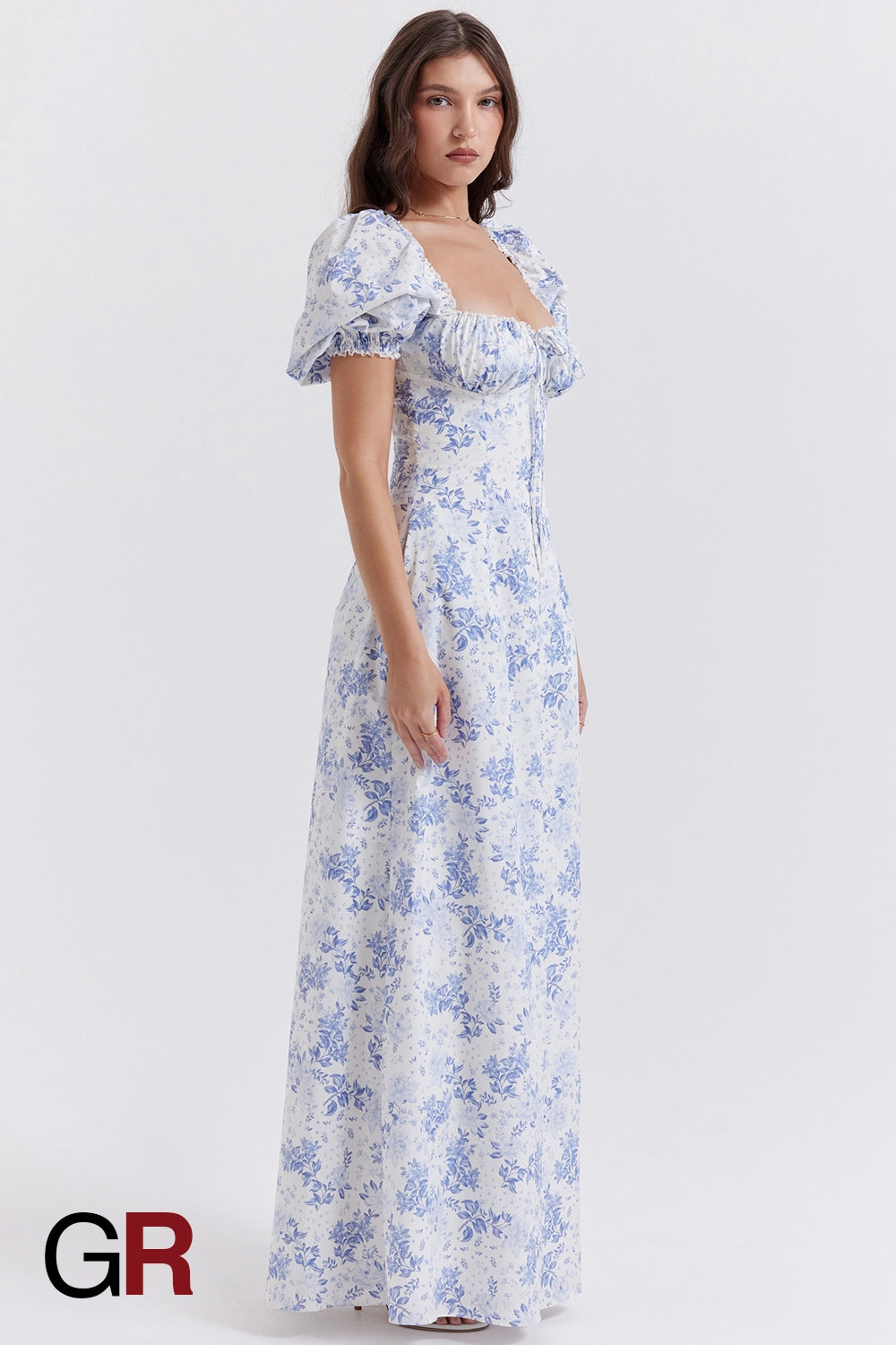 Printed Bubble Sleeve Zipper Blue Dress - GlamoROZ