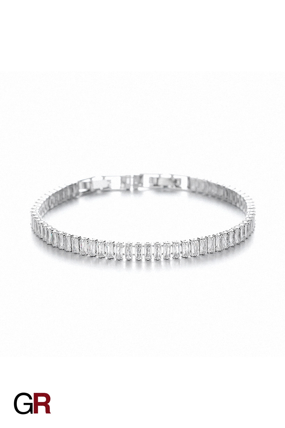 “GlamoROZ Lumiere Baguette Luminous Crystal Link Bracelet Jewelry flat-lay on soft beige fabric background”