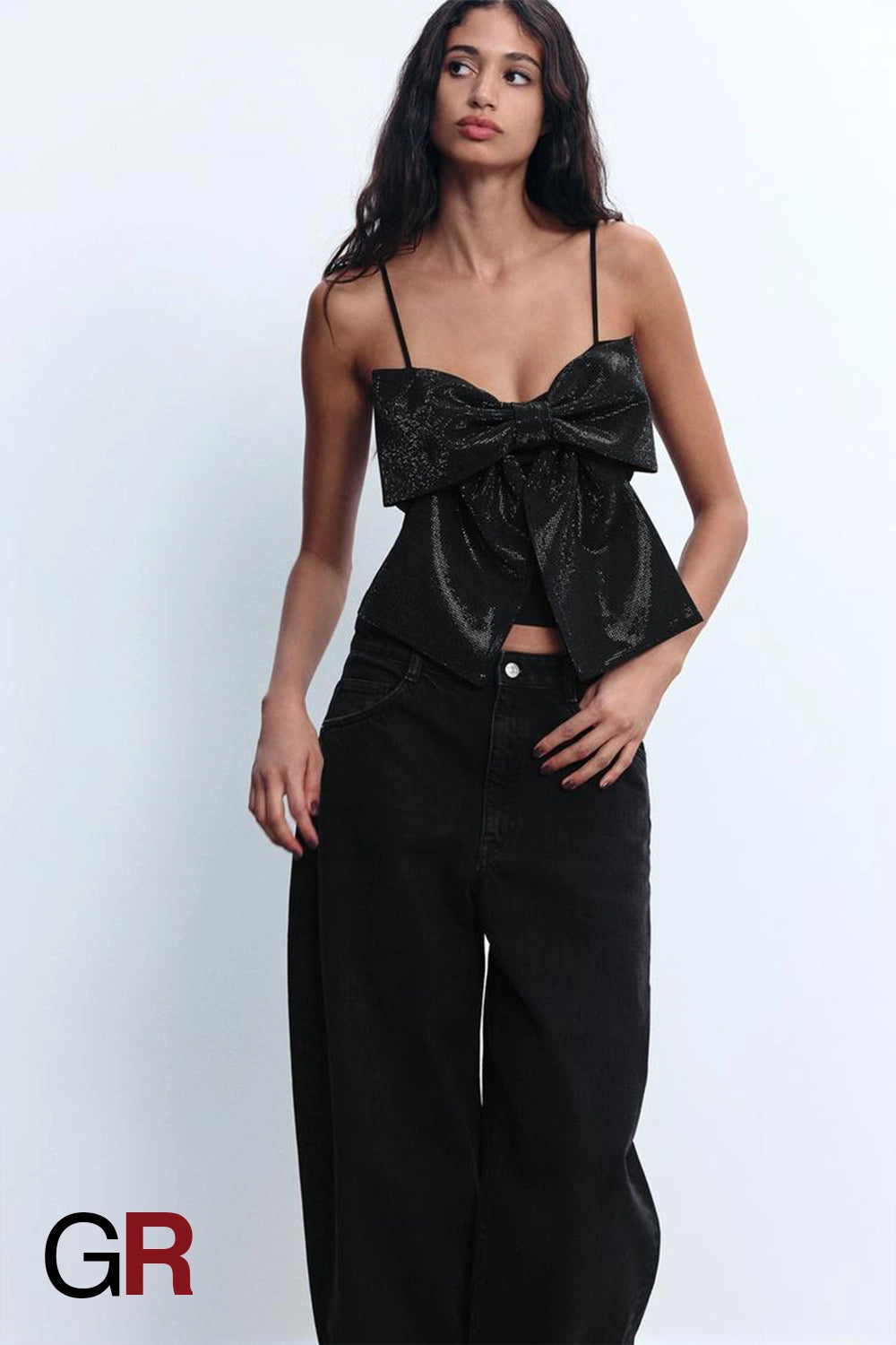 Rhinestone-Adorned Bowknot Strap Top - GlamoROZ