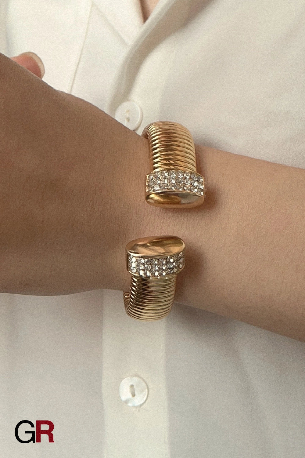 “GlamoROZ Lustre Dore Luminous Gold Wide Rib Cuff Jewelry front view on neutral background”