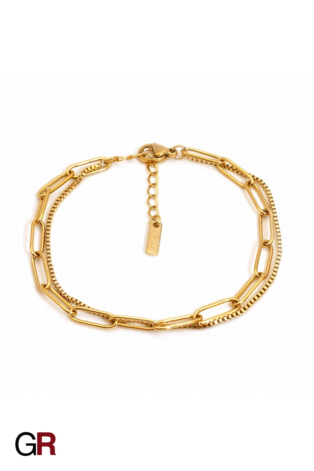 “GlamoROZ Harmonie Duo Luminous Gold Twin Chain Bracelet Jewelry close-up showing dual gold chains”