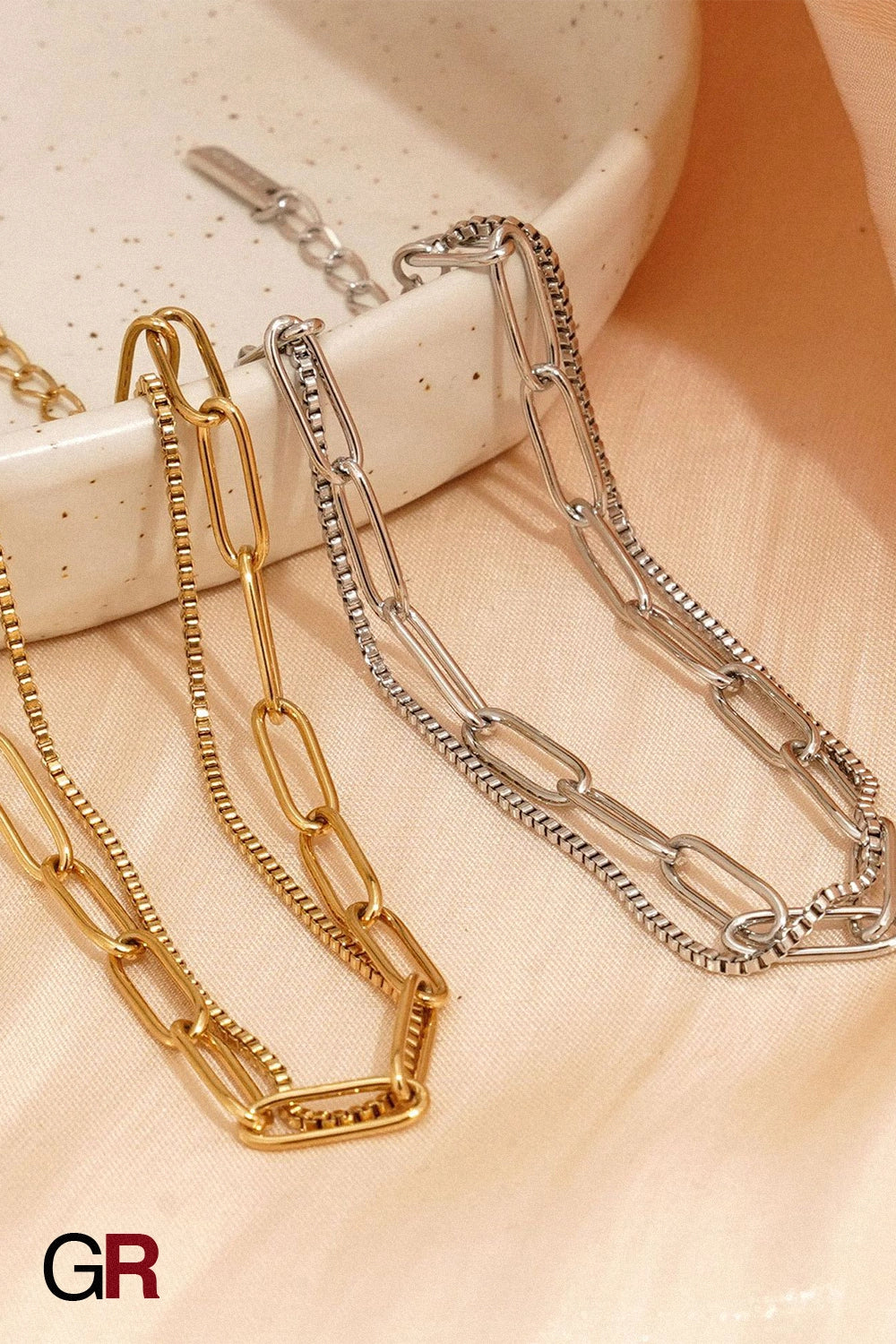 “GlamoROZ Harmonie Duo Luminous Gold Twin Chain Bracelet Jewelry front view on neutral background”