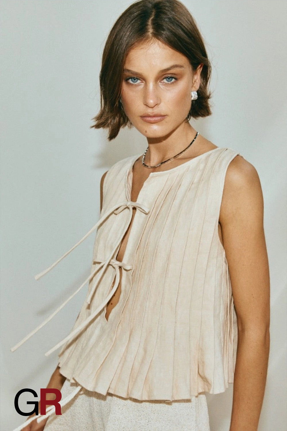 Serene Lace-Up Beige Cotton-Linen Shirt - GlamoROZ