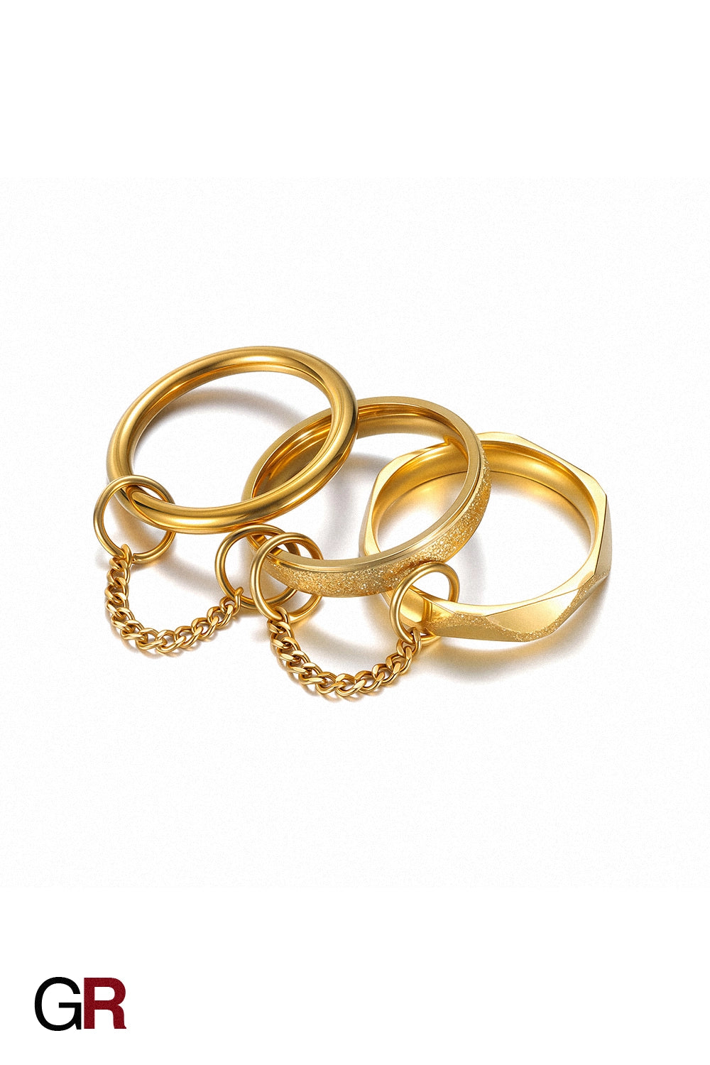 “GlamoROZ Orbit Eclipse Gold & Silver Chain Ring Set Jewelry close-up of alternating gold and silver chain links”