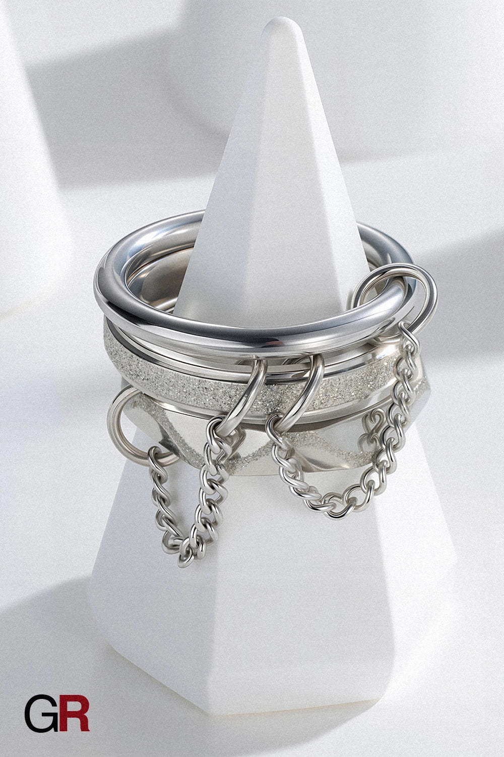 “GlamoROZ Orbit Eclipse Gold & Silver Chain Ring Set Jewelry styled on model hand with multiple rings”